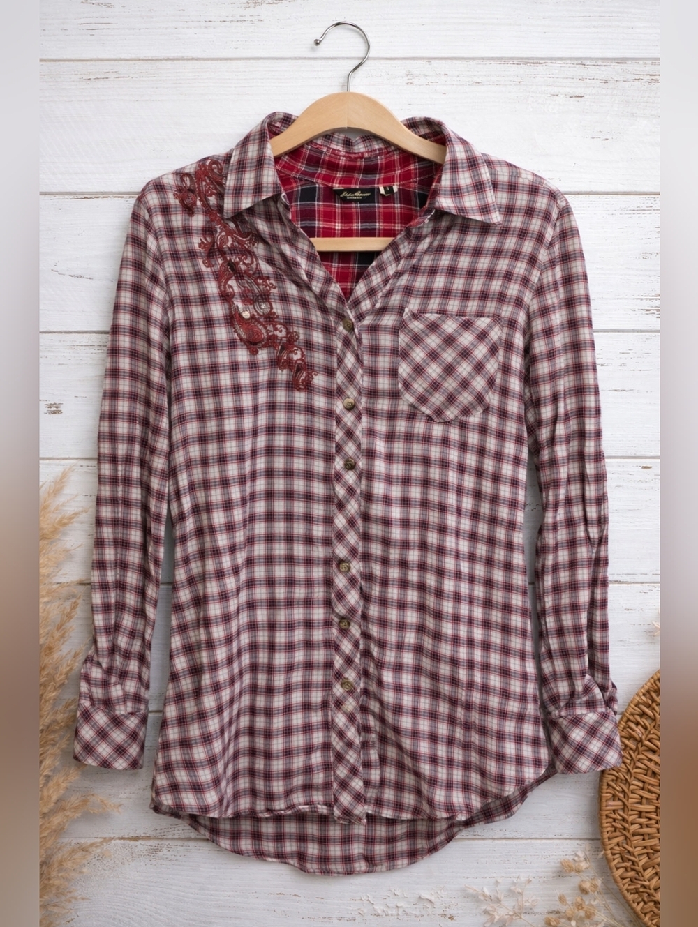 Vintage Y2K EDDIE BAUER Western Embroidered Flannel Prarie Button Up Shirt Sz S